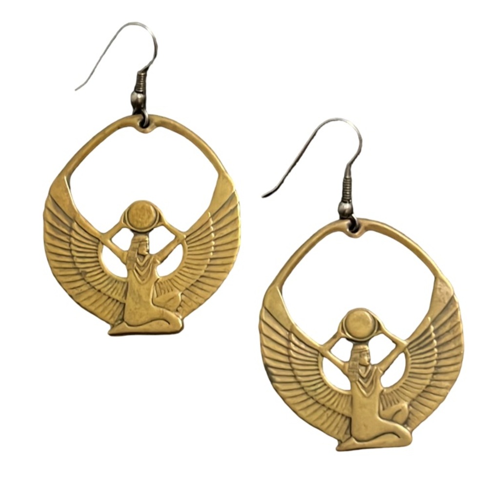 Vintage Art Deco Gold Brass Egyptian Goddess Eye Of Isis Deity Earrings - Picture 3 of 13